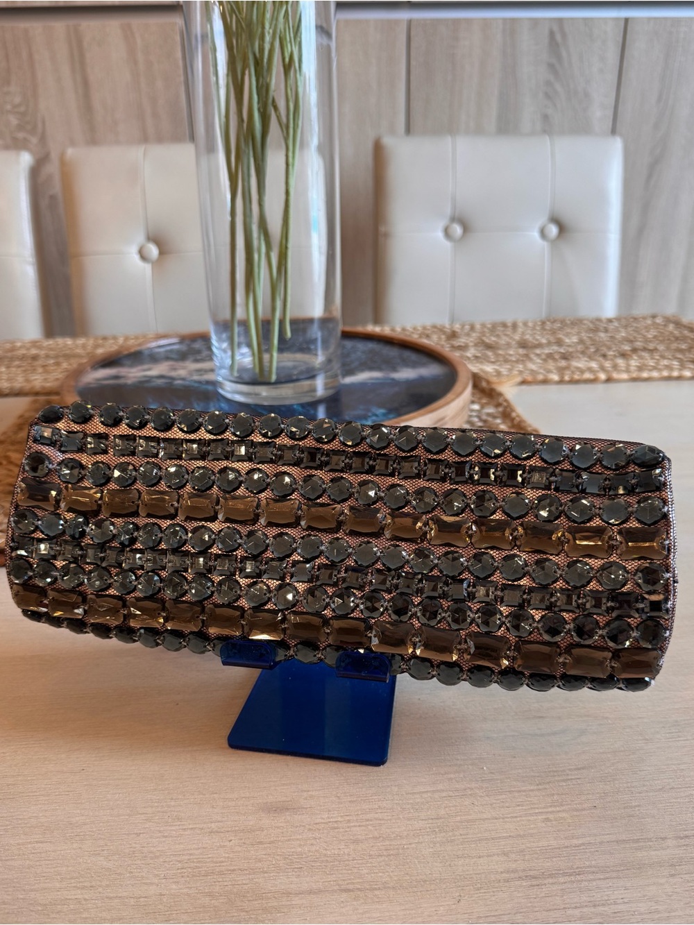 Santi Vntg Hand Beaded Crystal Minaudière Clutch Bronze Brown Blue Evening Bag